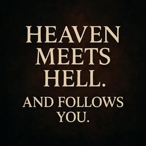 May include: A dark background with the white text "HEAVEN MEETS HELL. AND FOLLOWS YOU." The text is in a serif font, and the overall aesthetic is simple and bold.