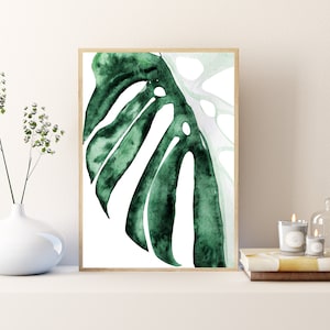 Sage Green moderne abstrakte Print, Monstera Blatt Aquarell Wand Rahmen Kunst, Boho Art Print, druckbare Wand Kunst Dekor, digitaler Download Kunst