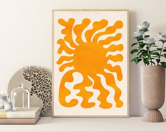 Mid Century Wandkunst druckbare, gemalte gelbe Sonne Wandkunst, sofortiger Download, Raumdekor Wandbehang, minimalistischer Digitaldruck, Kunstgeschenk