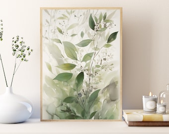 Sage Green Modern Abstract Print, Watercolor Flower Leaves Pattern Wall Art, Boho Art Print, Printable Wall Art Decor, Digital Download Art