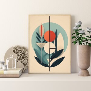 Mid Century Wall Art Printable, Plant and Sun Painting Art, Instant Download, Room Decor Wall Hanging, Minimalist Digital Print, Art Gift