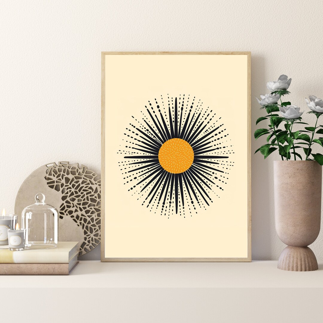 Mid Century Wall Art Printable, Black and Yellow Sun Wall Art, Instant