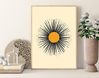 Mid Century Wandkunst druckbare, schwarze und gelbe Sonne Wandkunst, sofortiger Download, Raumdekor Wandbehang, minimalistischer Digitaldruck, Kunst Geschenk