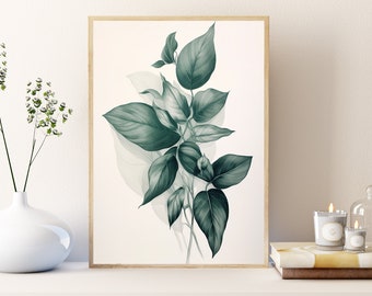 Sage Green Modern Abstract Print, Drawing of a Plant with Leaves Wall Art, Boho Art Print, Printable Wall Art Decor, Digital Download Art