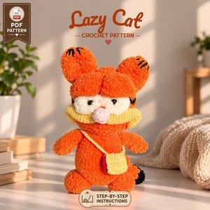 Patrón de ganchillo de Garfield en PDF, amigurumi de gato perezoso naranja, juguete de peluche (PDF)