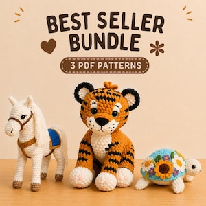May include: Three crocheted stuffed animals including a white horse with a blue saddle, an orange and black striped tiger, and a light blue turtle with colorful floral decorations on its shell. Text reads BEST SELLER BUNDLE 3 PDF PATTERNS.