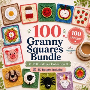 3D-Häkelmuster-Set „Oma-Quadrat“ (Amigurumi) | Tiere, Blumen, Lebensmittelmotive (PDF-Download)
