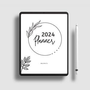 Puede incluir: Un planificador digital blanco con un borde negro, que presenta un círculo con el texto "2024 Planner" y un diseño floral. Un lápiz blanco se coloca al lado del planificador.