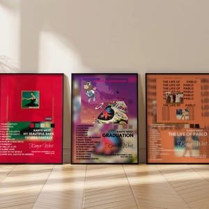 May include: Three album covers for Kanye West's albums: My Beautiful Dark Twisted Fantasy, Graduation, and The Life of Pablo. The covers are in red, purple, and orange, respectively. Each cover features a different image and the album title.