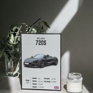 May include: A black McLaren 720S sports car with a black interior. The car is on a white background with a black frame around it. The car's specifications are listed below the image: Year: 2020, Engine: 4.0L, Power: 710 HP, Torque: 770 NM, Weight: 3,139 LBS, 0-60 MPH: 2.8 SEC, Top Speed: 212 MPH.