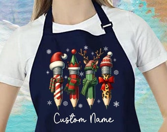 Personalized Teacher Apron: Xmas Pencil Design, Custom Name Gift