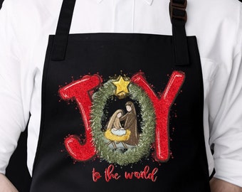 Joy to the World Apron: Christian Christmas Kitchen Gift, Holly Night Xmas Decor