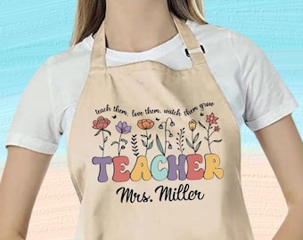 Custom Name Teach Them Love Them Watch Them Grow Apron with Pocket, Personalized Art Teacher Gift, Teacher Appreciation, Back to School Gift