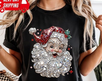 Comfortkleuren kerstshirt met imitatiekristalmozaïek: kerstman-T-shirt met strass, bling-kerst DTF-print
