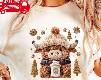 Comfort Colors Faux Crochet Christmas Cow Kids Shirt : Winter Hot Cocoa T-Shirt, Not Embroidery