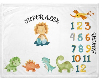Dinosaur Milestone Blanket: Personalized Monthly Photo Blanket, Minky Sherpa