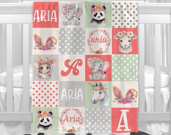 Manta de bebé personalizada con estampado floral y animal: regalo para niña con lunares
