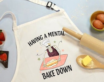 Having a Mental Bake Down Apron, Skeleton Chef Apron, Gift for Baker, Funny Cooking Apron, Halloween Baking Apron, Halloween Chef Aprons