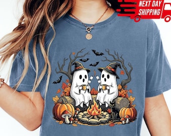 Comfort Colors Bookish Ghost Halloween Campfire T-Shirt: Fall Camping Shirt