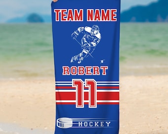 Personalized Hockey Team Beach Towel, Custom Hockey Dad Gift, Sports Mom Towel, Hockey Baby Name Gift, Hockey Jersey Number, Sports Fan Gift