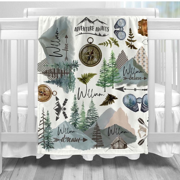 Newborn Baby Gifts, Personalized Baby Gift, Adventure Awaits Gifts for Him, Funny Gift, Gift for Son, Mountain Sherpa Minky Fleece Blanket