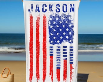 Personalized American Flag Beach Towel, Patriotic Gift for Dad