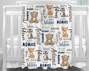 Baby Boy & Baby Girl Personalized Woodland Animals Baby Name Blanket, Fox Bear Raccoon Blanket, Newborn Custom Name Gifts, Boy Name Blanket