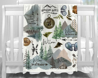 Personalized Baby Blanket, Adventure Awaits Baby Blanket, Funny Gift Blanket, Adventure Awaits Boys Blanket,Camping Blanket,Mountain Blanket