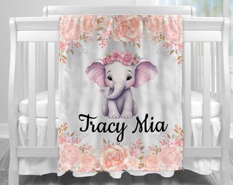 Gepersonaliseerde babynaamdeken: roze olifant met bloemen, gepersonaliseerd douchecadeau