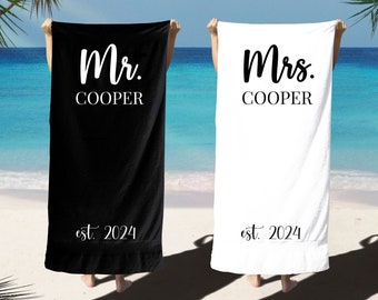 Personalized Mr. & Mrs. Beach Towel Custom Wedding Gift Future Bride Groomsman, Just Married Gift