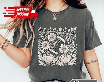 Comfort kleuren retro voetbalshirt herfst: boho bloemen T-shirt Game Day, voetbalshirt moeder