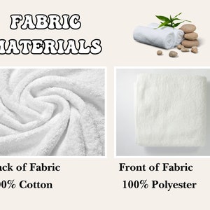 May include: Close-up of two white fabric swatches. The back of the fabric is 100% cotton and the front of the fabric is 100% polyester.