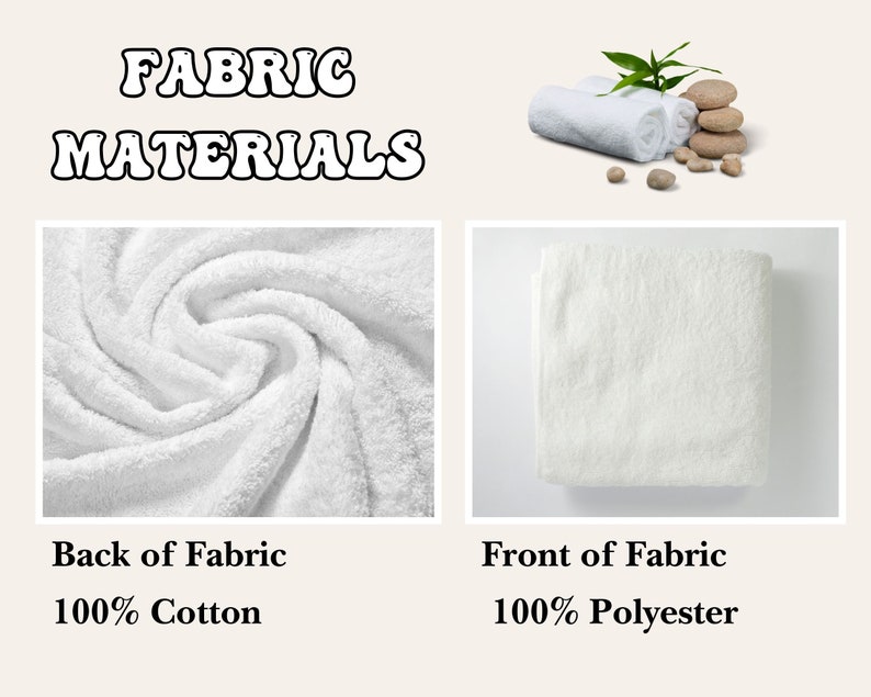 May include: Close-up of two white fabric swatches. The back of the fabric is 100% cotton and the front of the fabric is 100% polyester.
