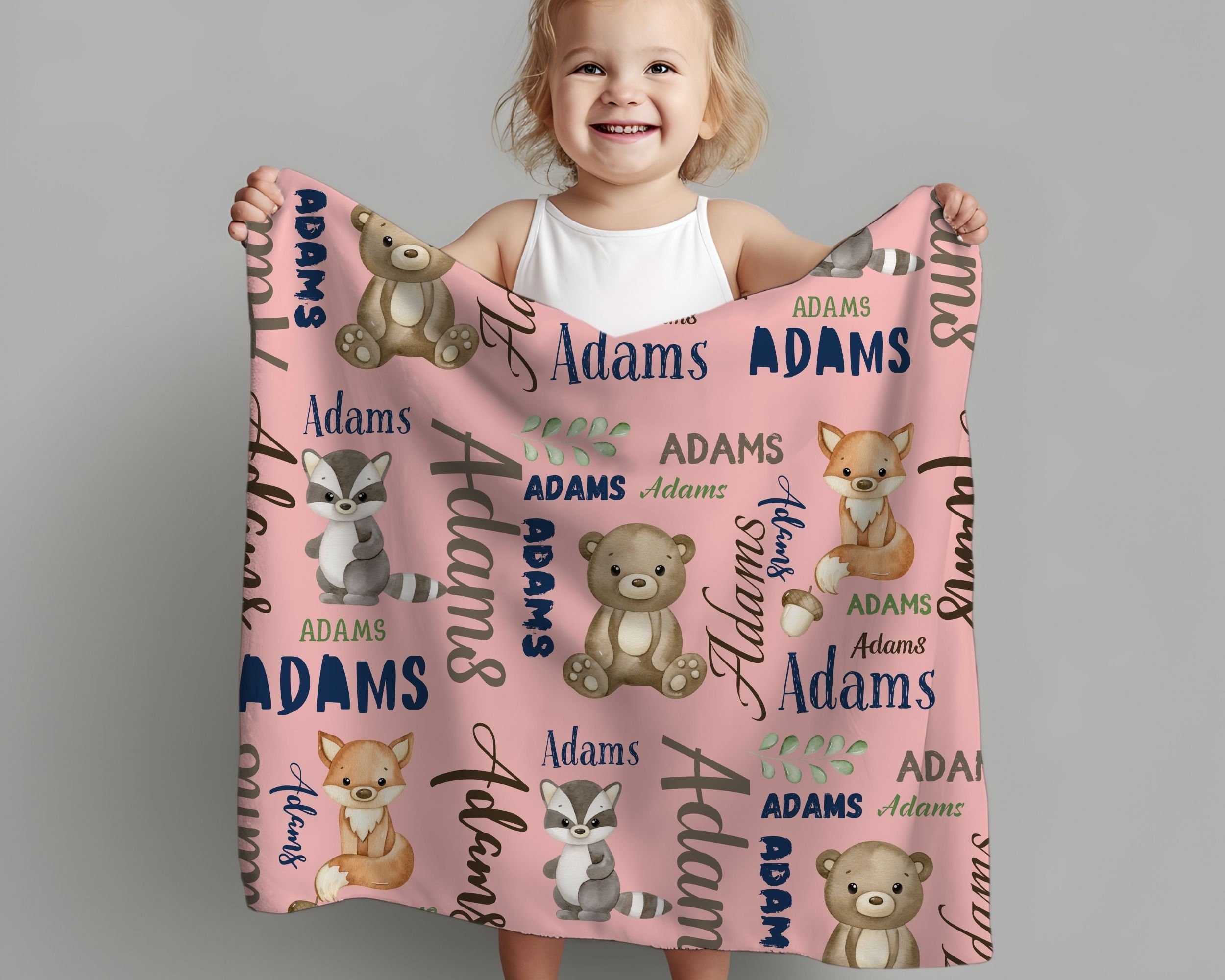 Personalized Baby Blanket With Name - Woodland Animals Custom Fleece Blanket (Choose Size 30x40 To 60x80 In)