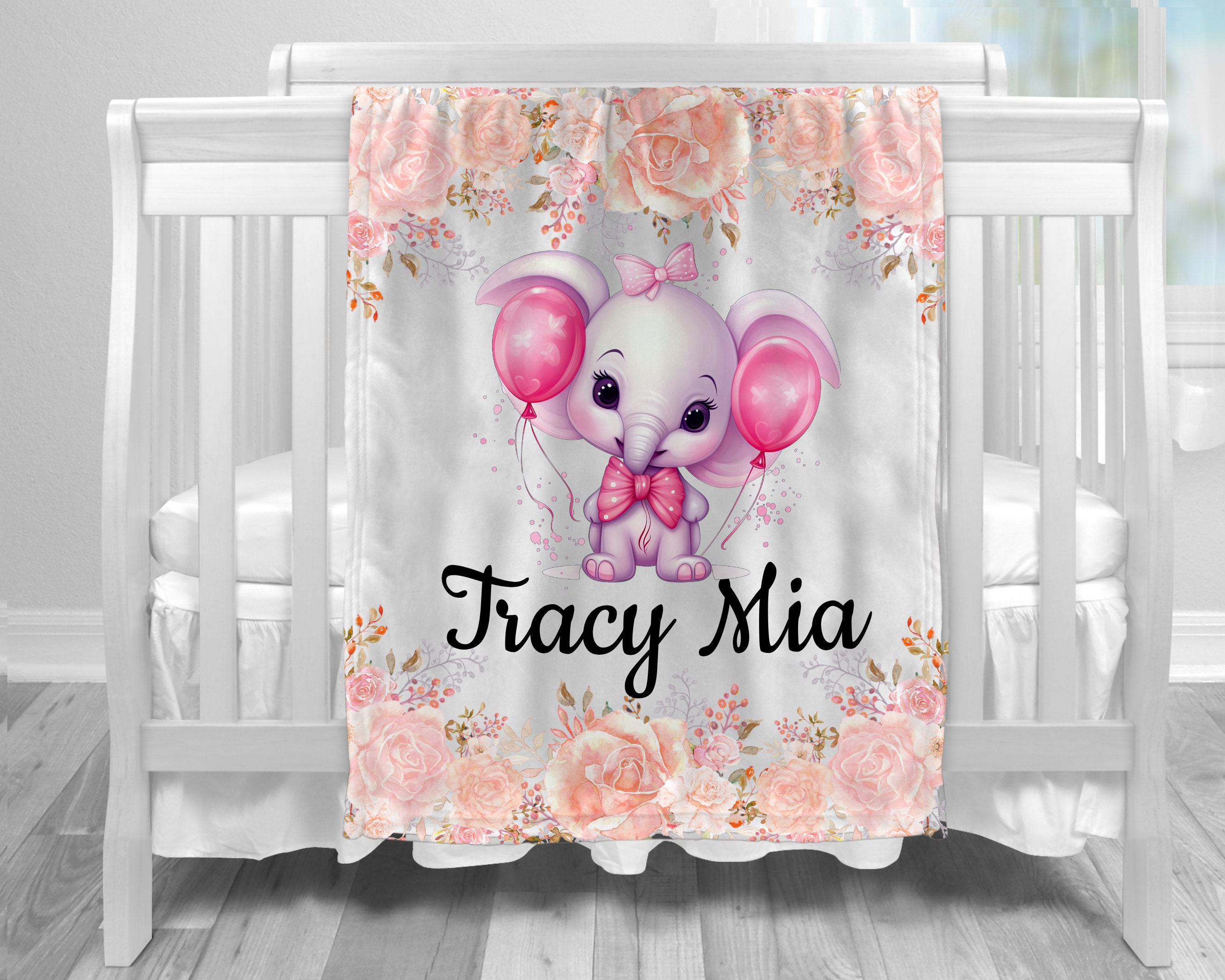 Personalized Baby Blanket: Pink Floral Elephant, Custom Name Shower Gift
