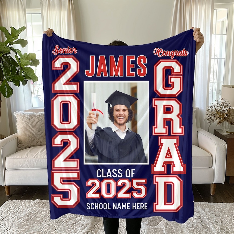 Personalized Photo & School Logo Class of 2025 Blanket, Senior Year Graduation Gift, Custom College Blanket with School Name