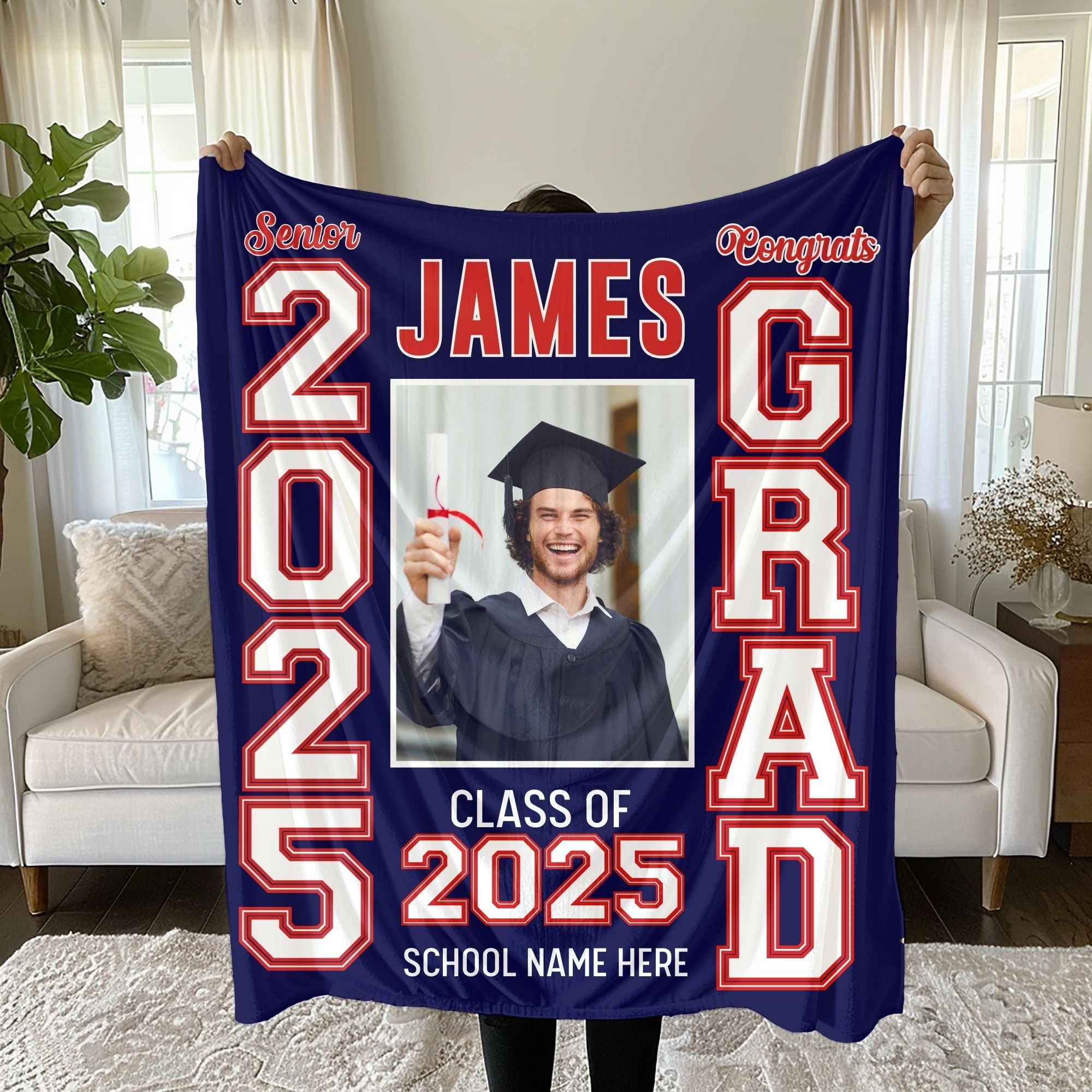 Personalized Photo & School Logo Class of 2026 Blanket, Senior Year Graduation Gift, Custom College Blanket with School Name - School Colors