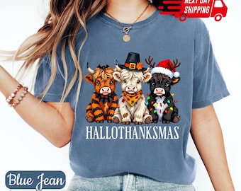 Comfortkleuren Koeien Hallothanksmas-shirt: landelijk herfst Thanksgiving kerst katoenen T-shirt boerderijdier