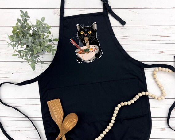ヌードル黒猫エプロン：かわいい日本のラーメンキッチン装飾、アニメ