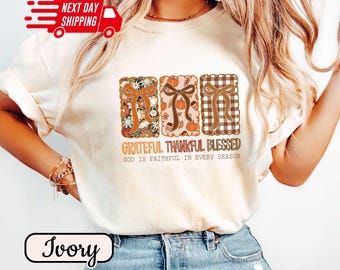 Comfort Colors Grateful Thankful Blessed T-Shirt: Christian Fall Bow