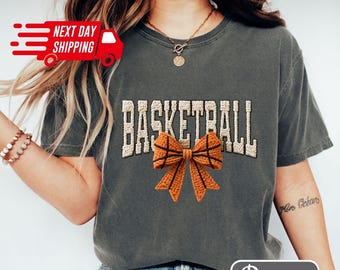 Comfort Colors Faux Yarn Basketball Bow Women Shirt: Cozy Basketball Lover T-Shirt Not Embroidery