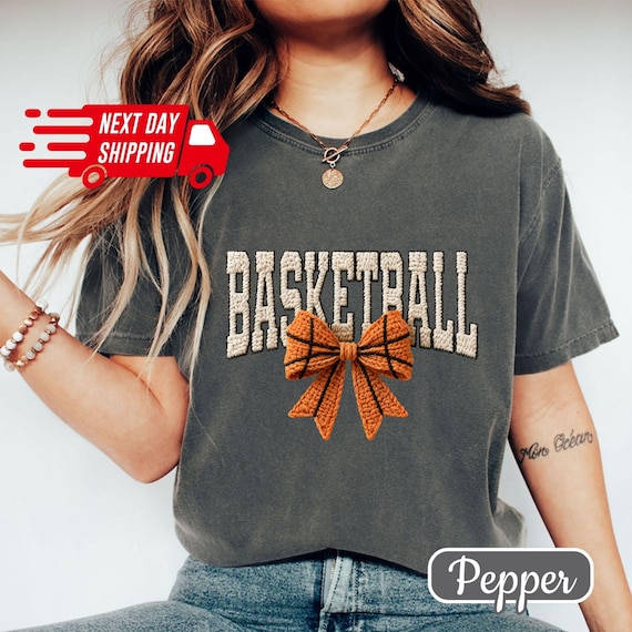 Comfort Colors Faux Yarn Basketball Bow Women Shirt: Cozy Basketball Lover T-Shirt Not Embroidery