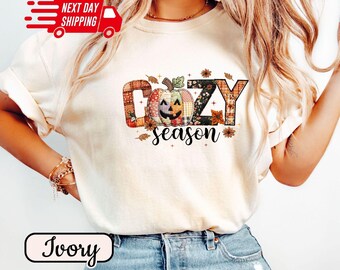 Comfort Colors Cozy Season Shirt: Floral Pumpkin Patchwork T-Shirt Autumn Vibes Not Embroidery