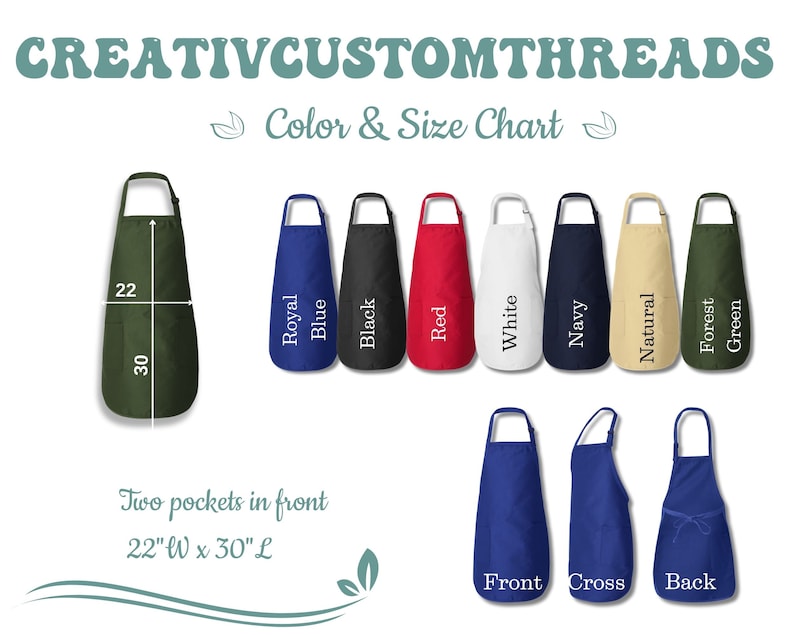 Puede incluir: Tabla de colores y tallas de delantales. Los delantales est&aacute;n disponibles en varios colores, como azul real, negro, rojo, blanco, marino, natural y verde bosque. Cada delantal tiene dos bolsillos y mide 56 cm de ancho y 76 cm de largo.