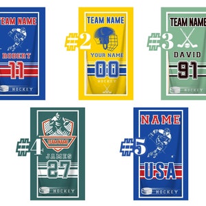 May include: Five different hockey-themed beach towels with a player, stick, and puck design. Each towel has a number, name, and the word "Hockey".