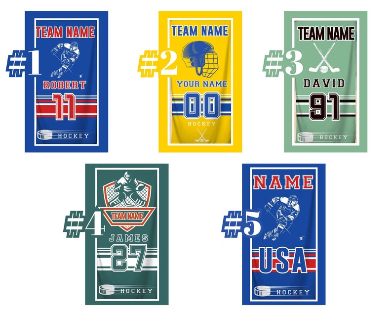 May include: Five different hockey-themed beach towels with a player, stick, and puck design. Each towel has a number, name, and the word "Hockey".