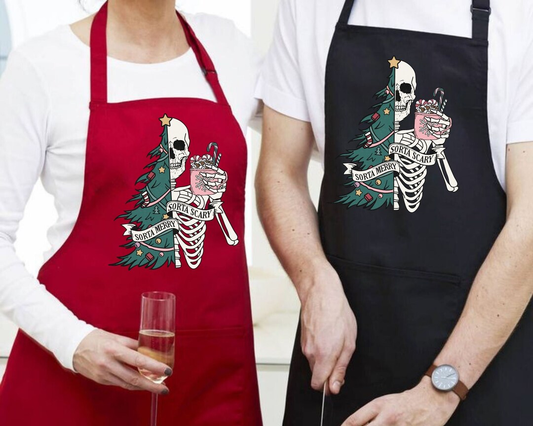 Sorta Merry Sorta Scary Apron: Skeleton Skull Christmas Tree, Holiday ...