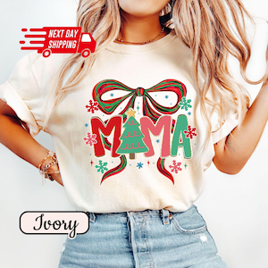 Comfort Colors Christmas Mama Coquette Shirt: Preppy Holiday Season T-Shirt Gift for Mom