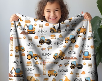Construction Truck Baby Name Blanket, Custom Baby Boy Nursery Decor, Dump Truck Tractor Excavator Theme Blanket, Personal Baby Shower Gift