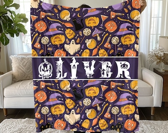 Personalized Halloween Letter Blanket: Ghost, Pumpkin, Black Cat - Minky, Sherpa Home Decor